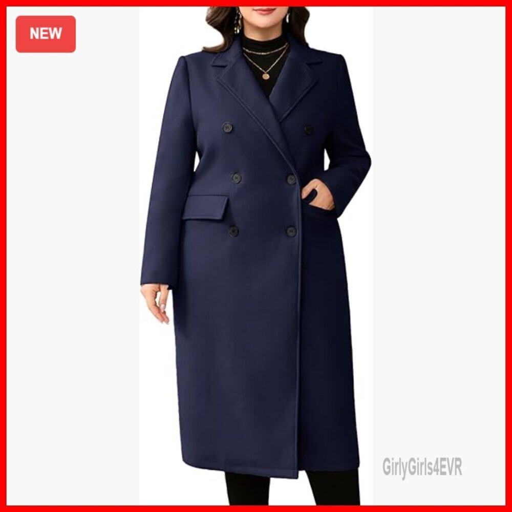 Plus Size Wool Pea Coat Double Breasted Notch Lapel Long Trench